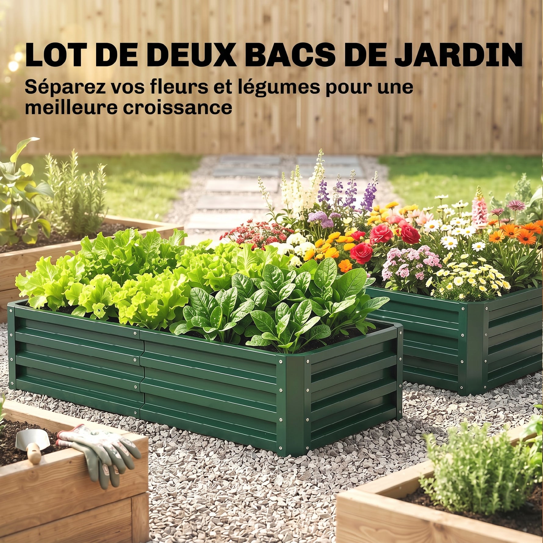 Lot de 2 Carrés Potagers de Jardin Rectangulaires, Tôle d'Acier Ondulée, 120 x 60 x 30,5 cm, Vert Foncé