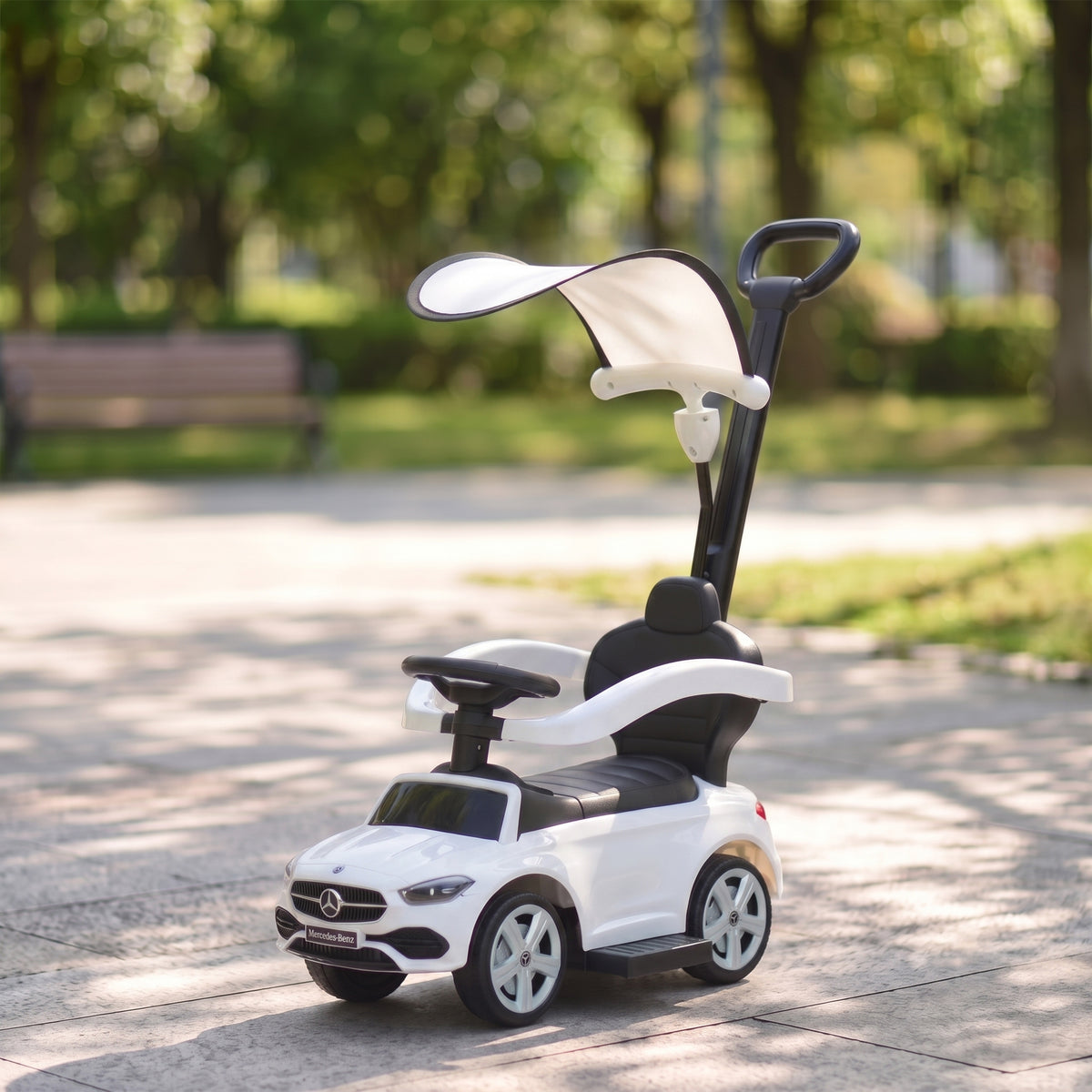 Porteur Enfants 3 en 1 Mercedes-Benz sous Licence, Garde-Corps, Espace de Rangement, Klaxon, 83x40x90cm, Blanc