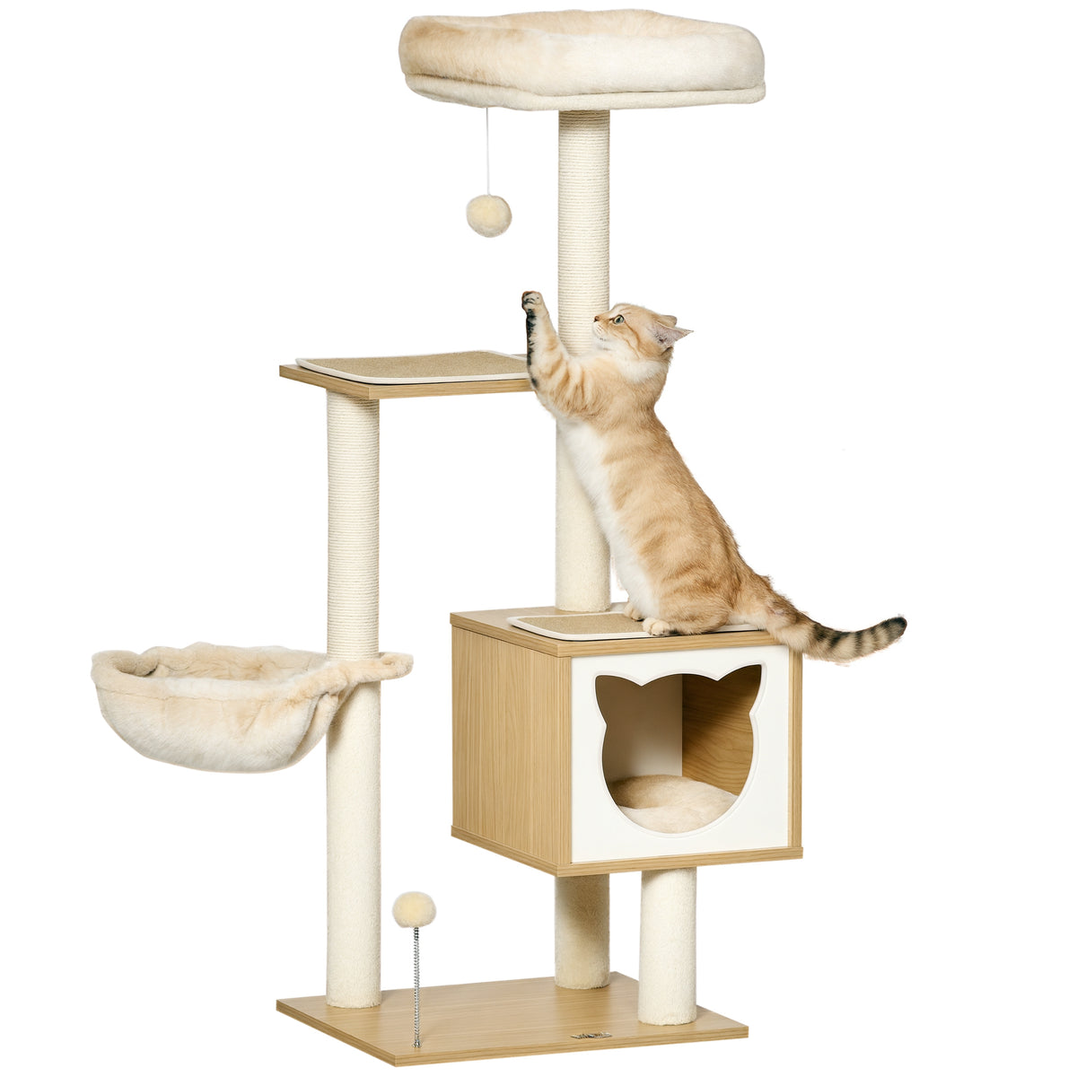 Arbre à chat griffoirs grattoirs multi-équipements niche hamac panier coussins amovibles hauteur 126 cm peluche courte sisal naturel beige