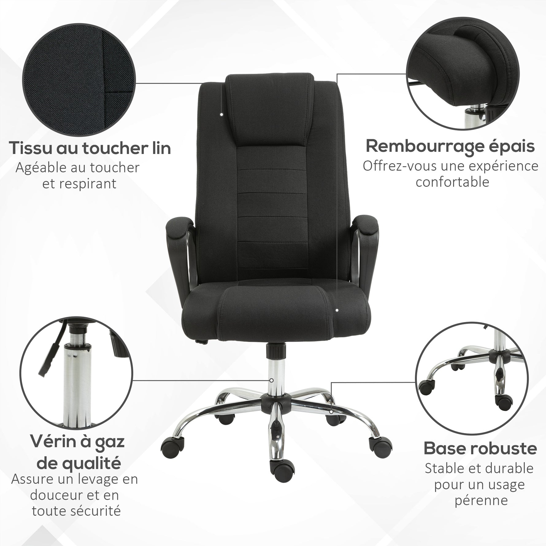 Fauteuil de bureau à roulettes chaise manager ergonomique pivotante hauteur réglable lin noir