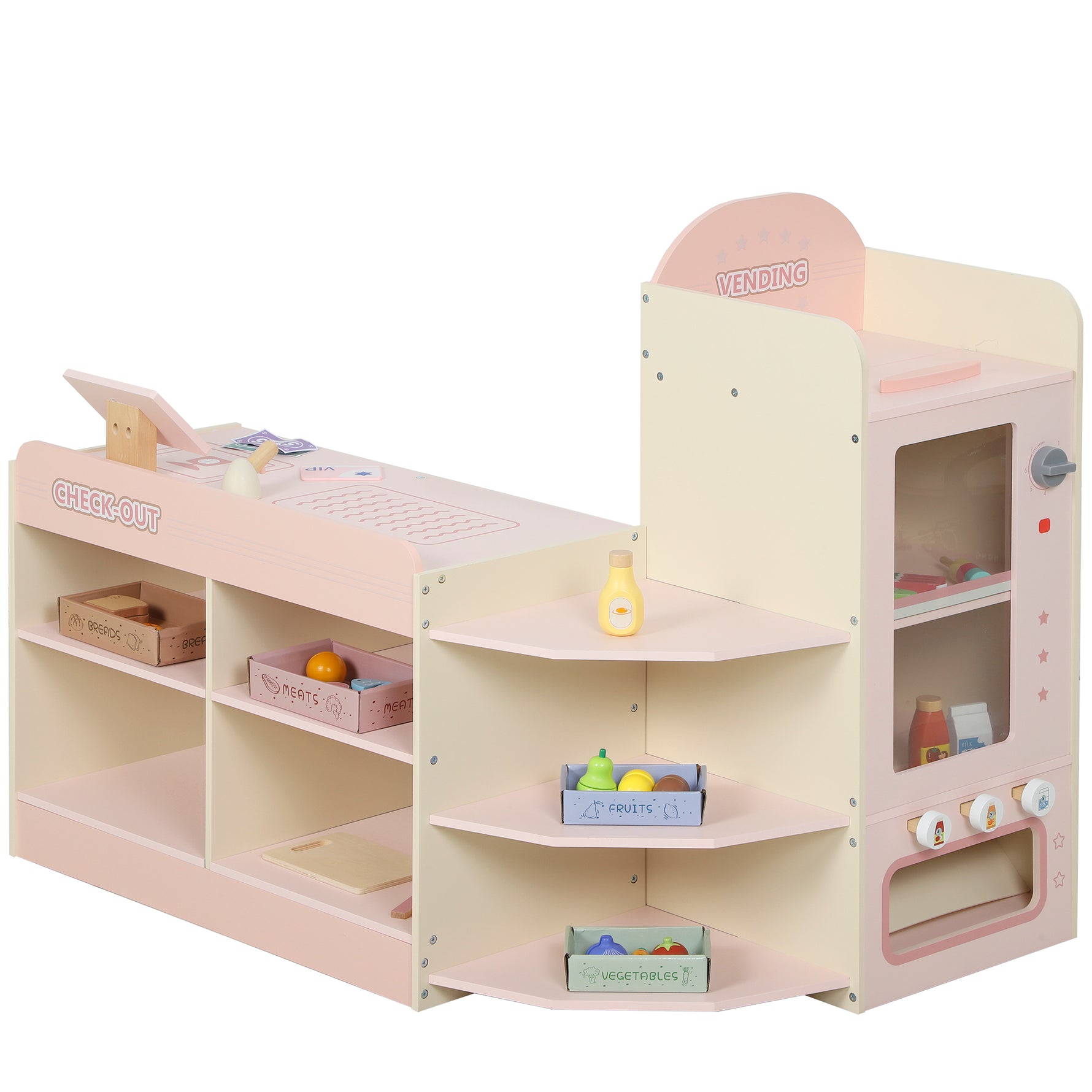 Supermarché pour enfant, marchande en bois, caisse enregistreuse, distributeur et accessoires, 90,7x60x73,8cm, vert