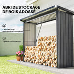 Abri-bûches couvert support pour bois de chauffage plancher surélevé toit incliné, acier galvanisé 213x66,5x150cm gris