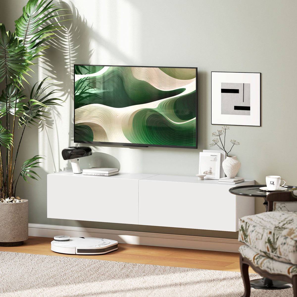 Mobile TV sospeso per televisori fino a 45 55 65 pollici con 2 scomparti ad ante, 140 x 33 x 29,8 cm, bianco