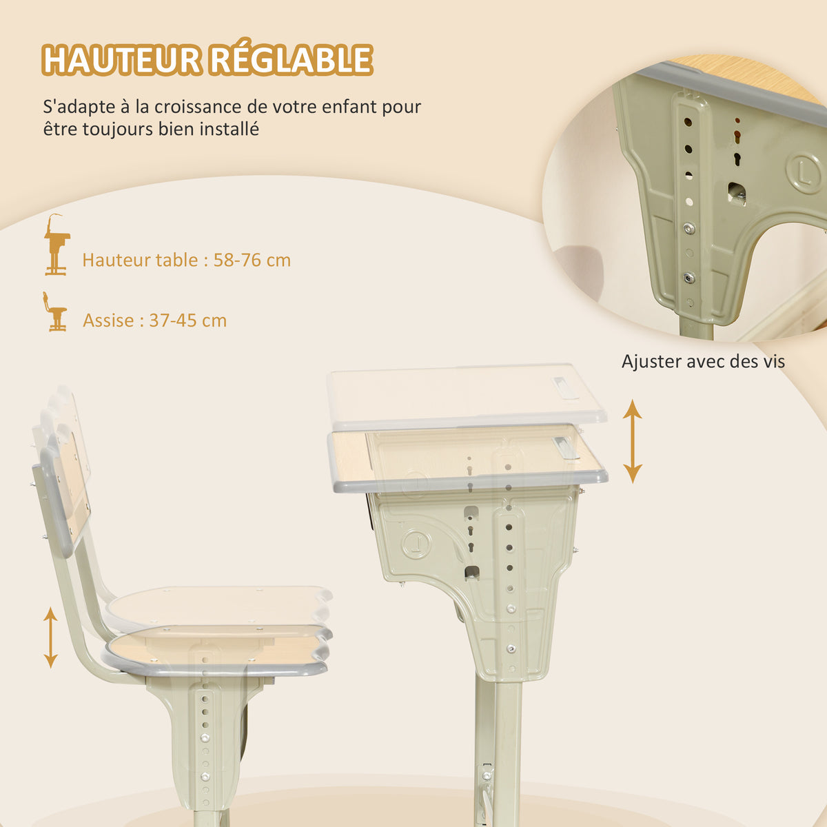 Bureau enfant Vintage style pupitre d'écolier - ensemble bureau et chaise réglable - case de rangement, bracket, range-stylos - acier kaki MDF aspect bois clair