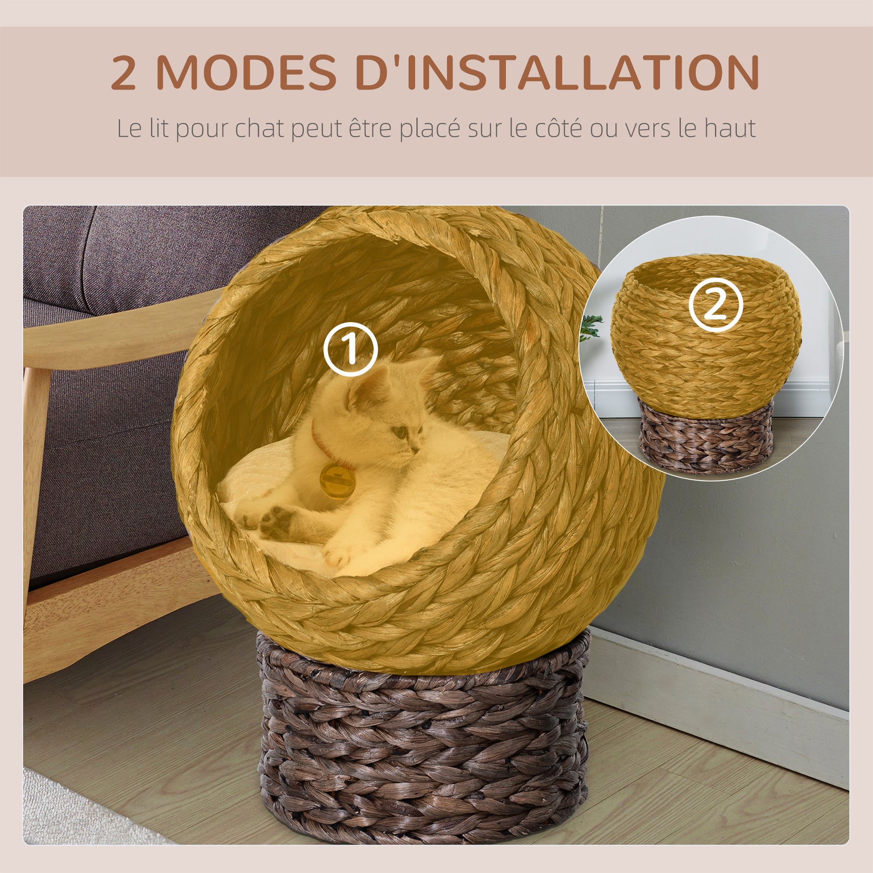 Panier lit surélevé pour chat, niche grotte cosy grand confort, dim. 40L x 37l x 51H cm coussin moelleux beige inclus