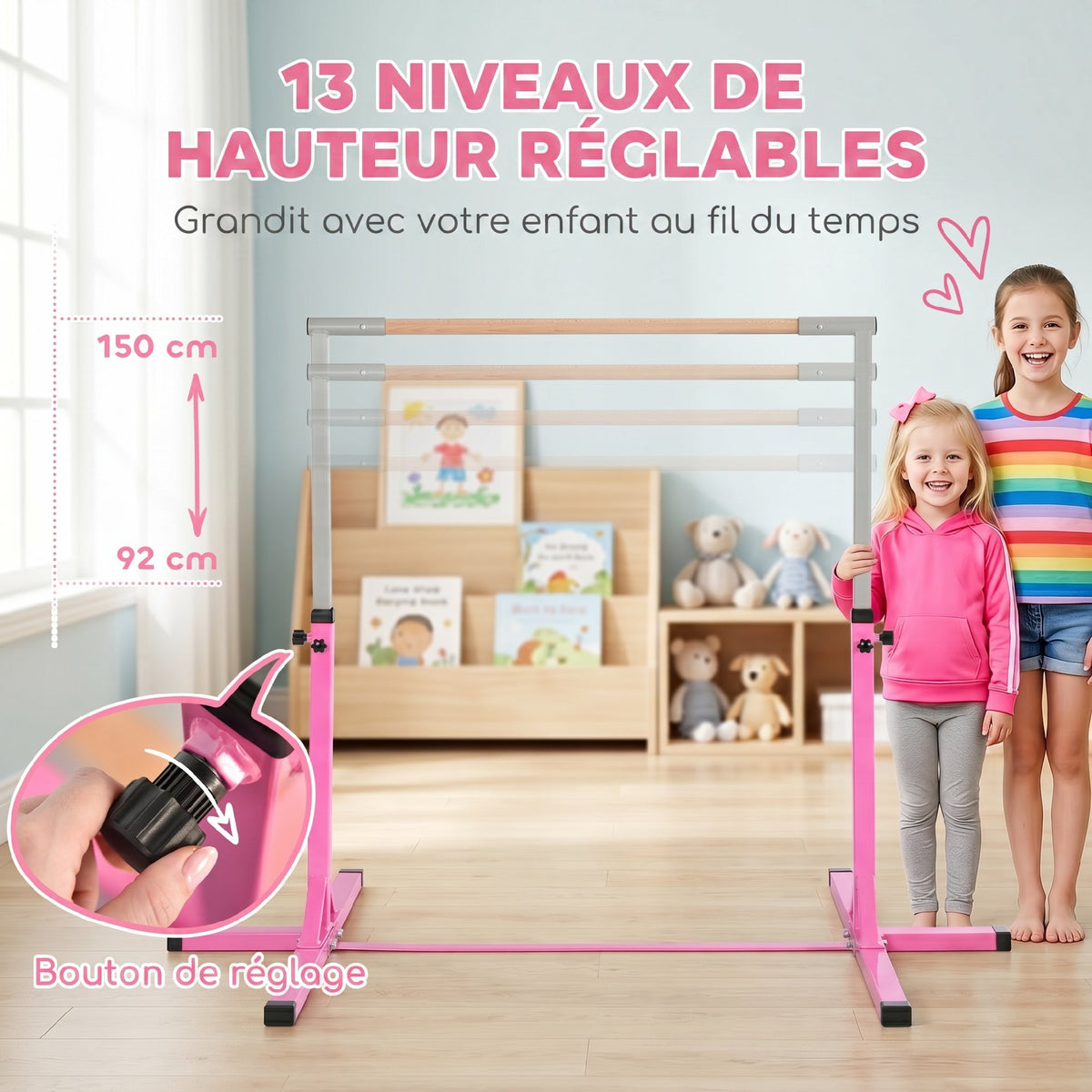 Barre Fixe de Gymnastique pour Enfant, Hauteur Réglable sur 13 Niveaux de 92-150 cm, en Acier et Bois de Hêtre, Barre de Gym d'Entraînement à Domicile, Antidérapant, Facile à Assembler, Rose