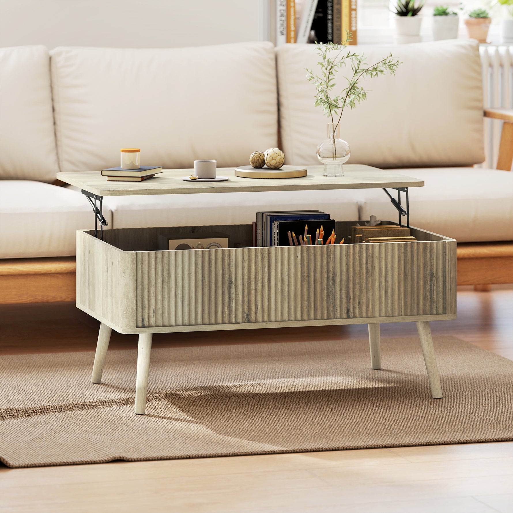 Table basse relevable, table de salon avec 2 compartiments cachés et pieds en pin, 91 x 56 x 43 cm, chêne