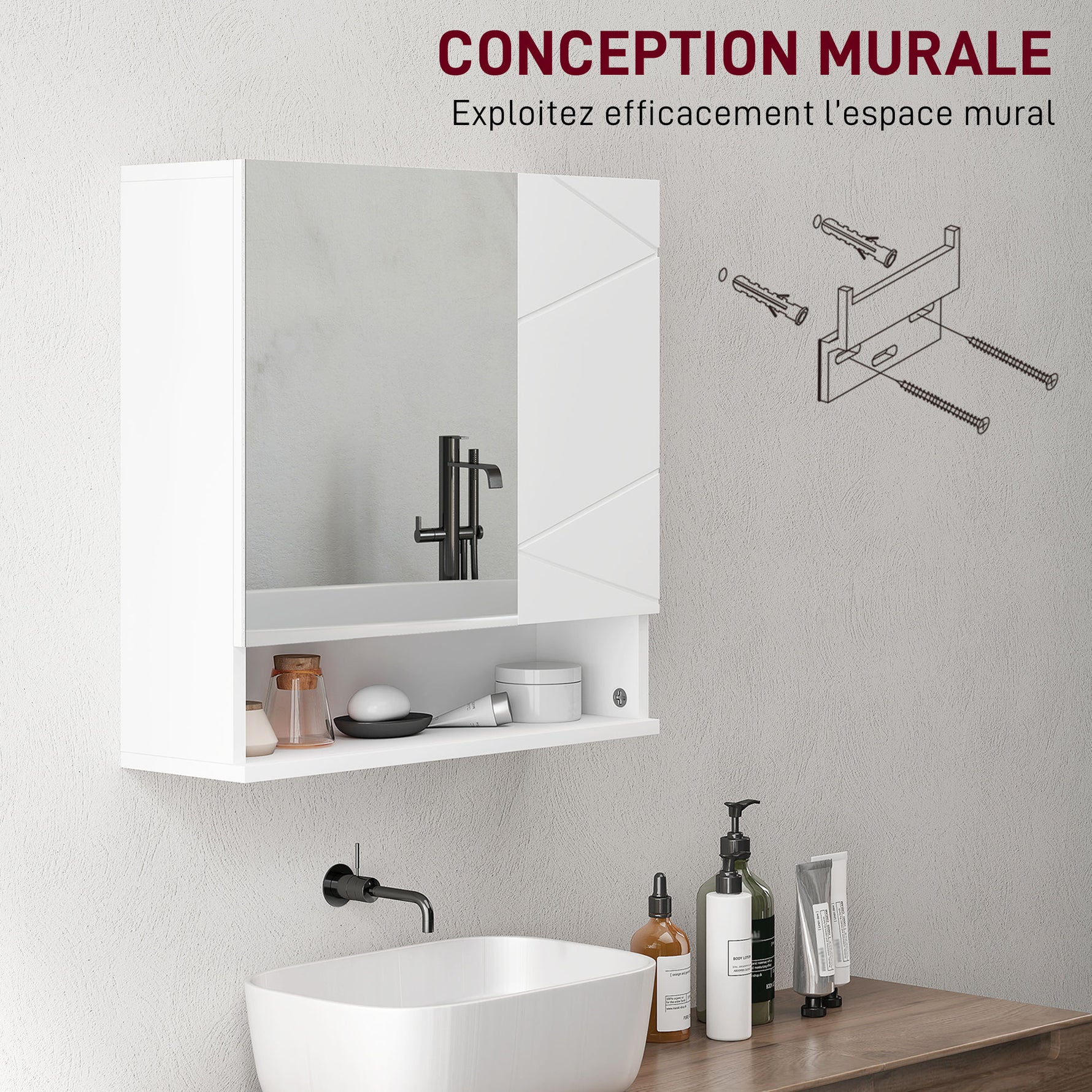 Armoire murale miroir de salle de bain placard de rangement 2 portes 55 x 17 x 55 cm blanc