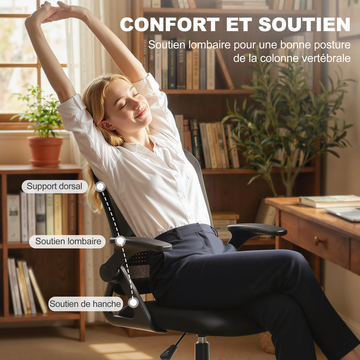 Chaise de bureau en maille, chaise d'ordinateur avec accoudoirs rabattables, hauteur réglable, repose-pieds, noir