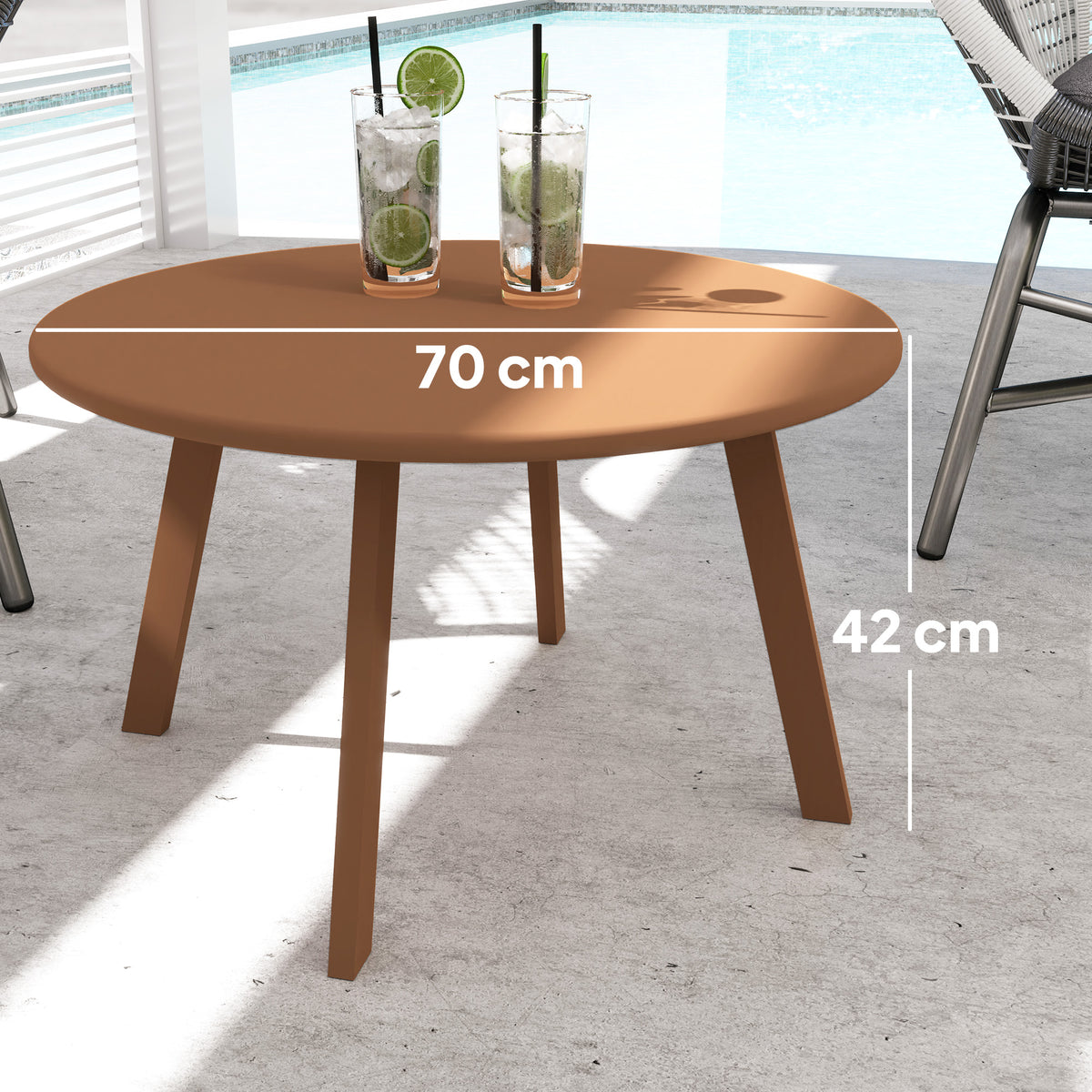 Petite table basse ronde, table d'appoint avec patins antidérapants, cadre en métal, pour jardin, Ø 70 x 42 cm, orange