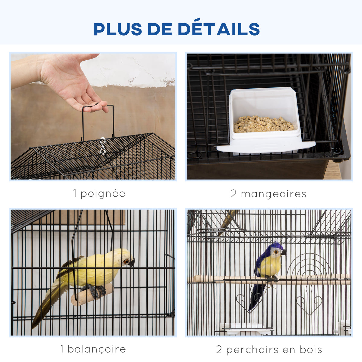 Cage à oiseaux design maison mangeoires perchoirs 3 portes plateau excrément amovible + poignée transport noir