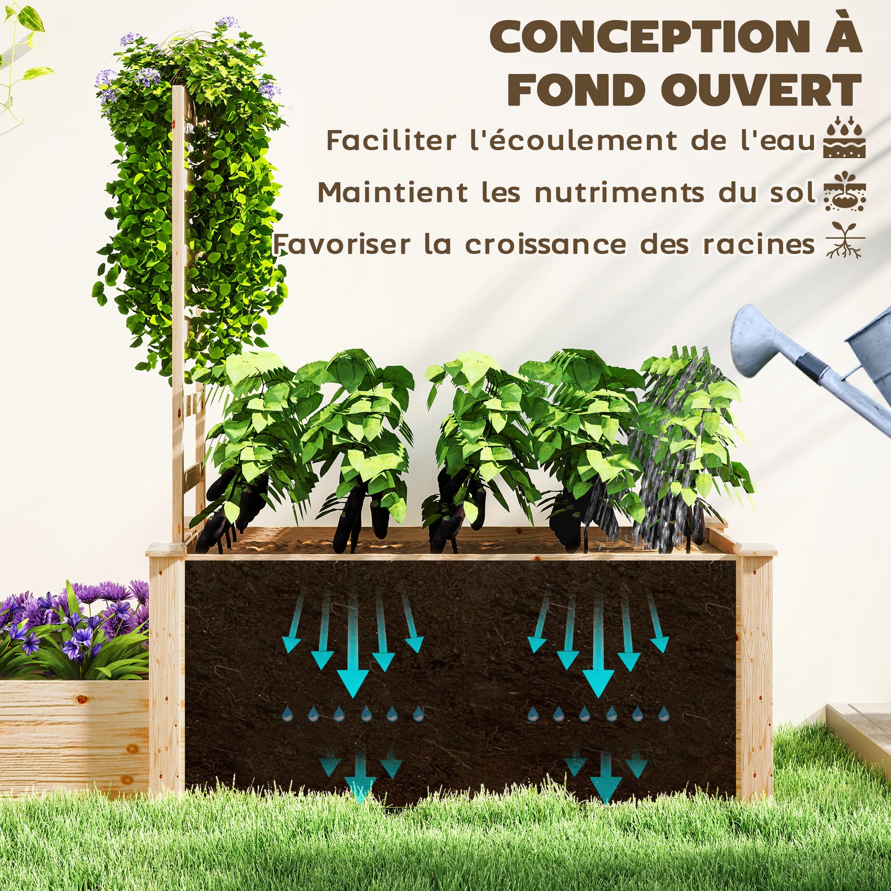 Jardinière avec treillis à 2 bacs avec fond ouvert, pour balcon terrasse patio, 222 x 63 x 132 cm, effet bois naturel