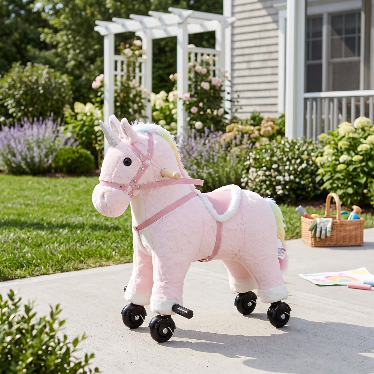 Reitpferd für Kinder, Plüsch-Pferd auf Rollen mit Soundeffekten, für 1 bis 3 Jahre, max. Tragkraft 40 kg, Rosa