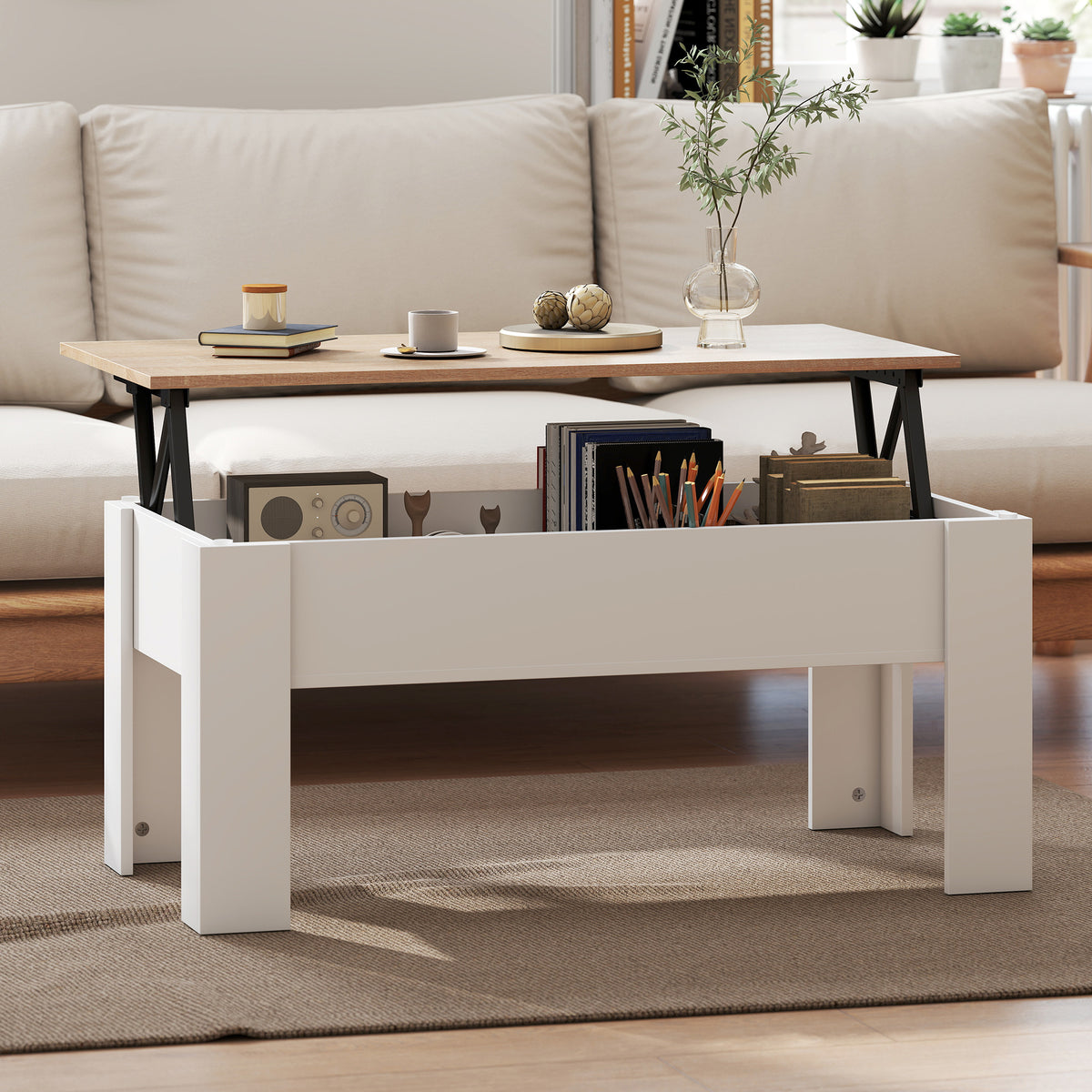 Tavolino da salotto sollevabile, tavolo con vano nascosto, stile moderno, per soggiorno, ufficio, 100x50x45cm, bianco