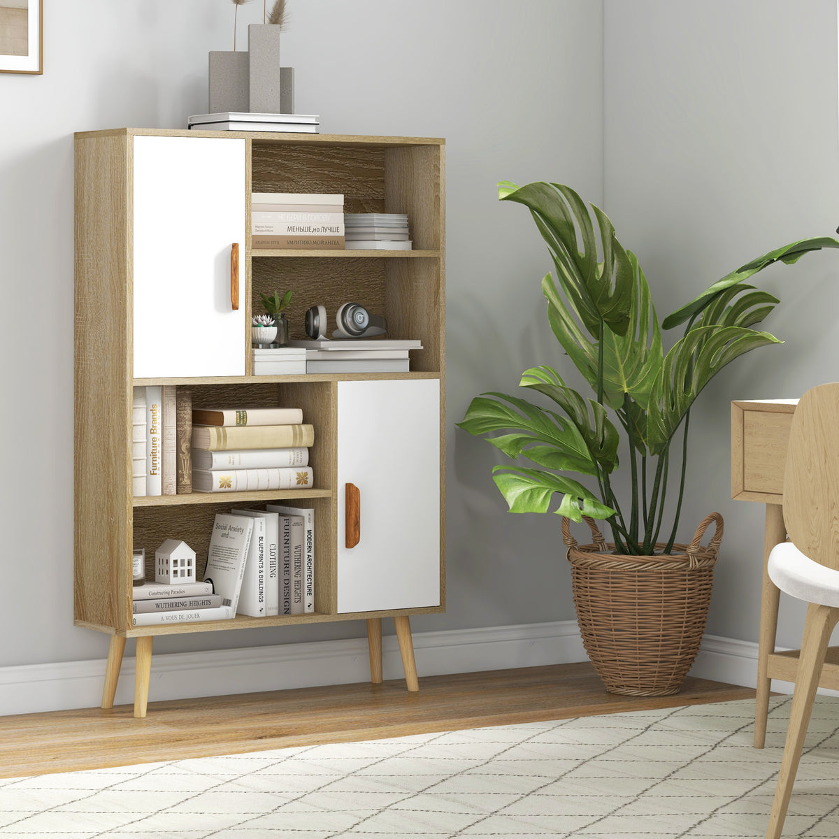 Bibliothèque scandinave 4 niches + 2 placards avec étagère dim. 80L x 24l x 123H cm Pieds effilés inclinés Bois Massif Chêne
