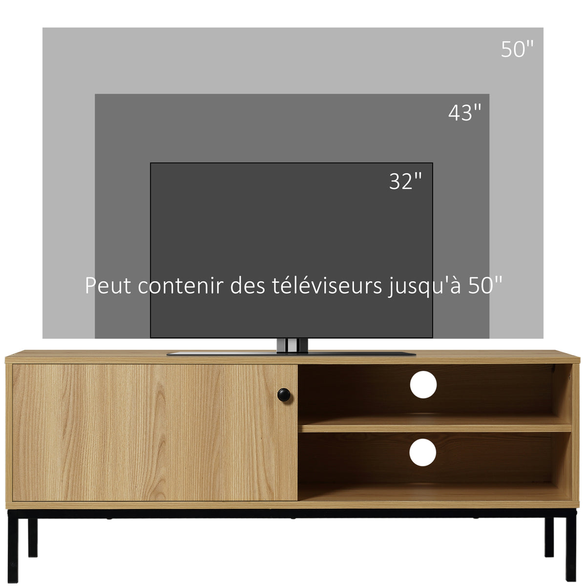 Meuble TV max. 50 pouces 3 compartiments 2 passe-câbles avec porte coulissante - dim. 120L x 39,5l x 46H cm