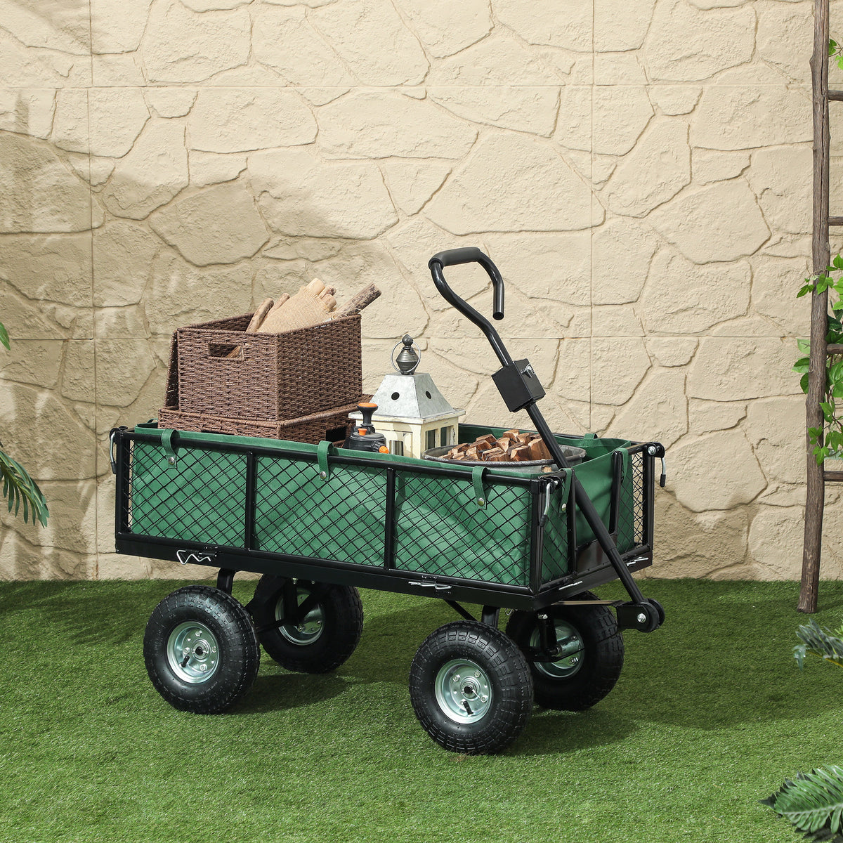 Gartenwagen 300 kg, Bollerwagen mit abnehmbarer Plane und 180° drehbarem Griff, klappbare Seitenteile, Grün