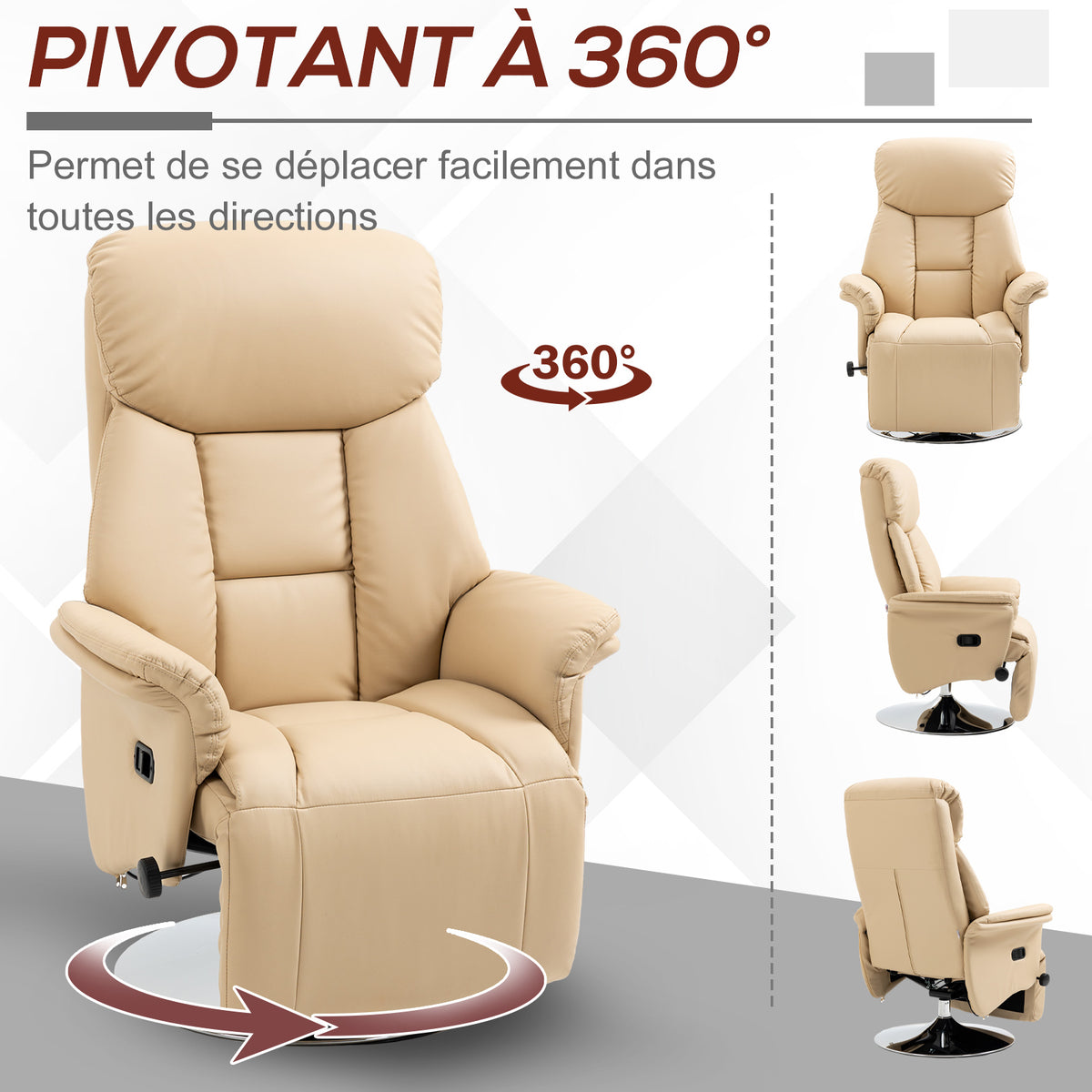 Fauteuil inclinable pivotant repose-pied réglable accoudoirs piètement acier chromé revêtement synthétique PU beige