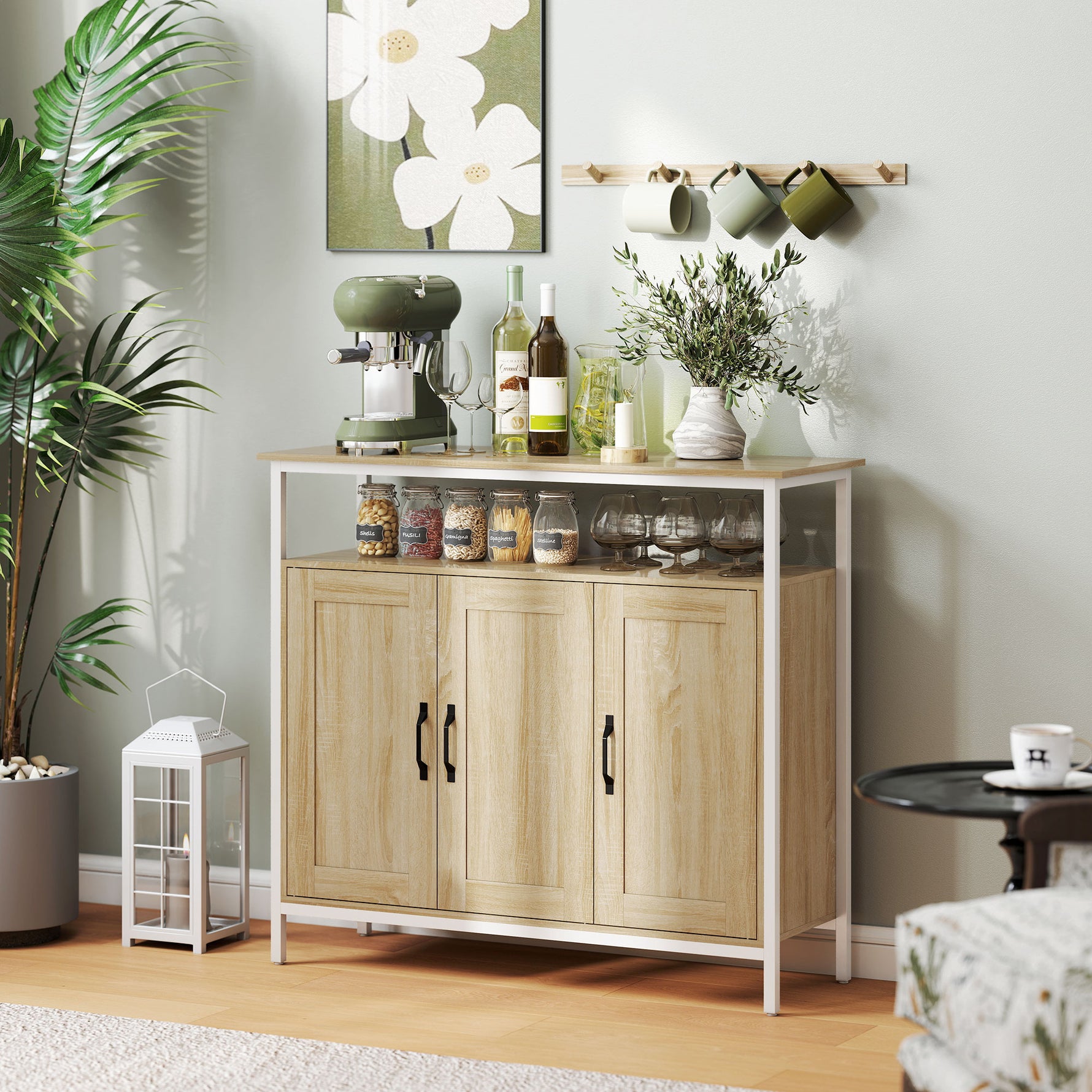 Buffet, meuble de rangement avec 3 portes, compartiment ouvert et 4 étagères réglables, 100 x 35 x 88 cm, bois naturel