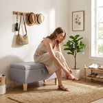 Banc de rangement, bout de lit, repose-pieds rembourré en lin avec pieds en bois de caoutchouc, 71x37x36cm, gris clair