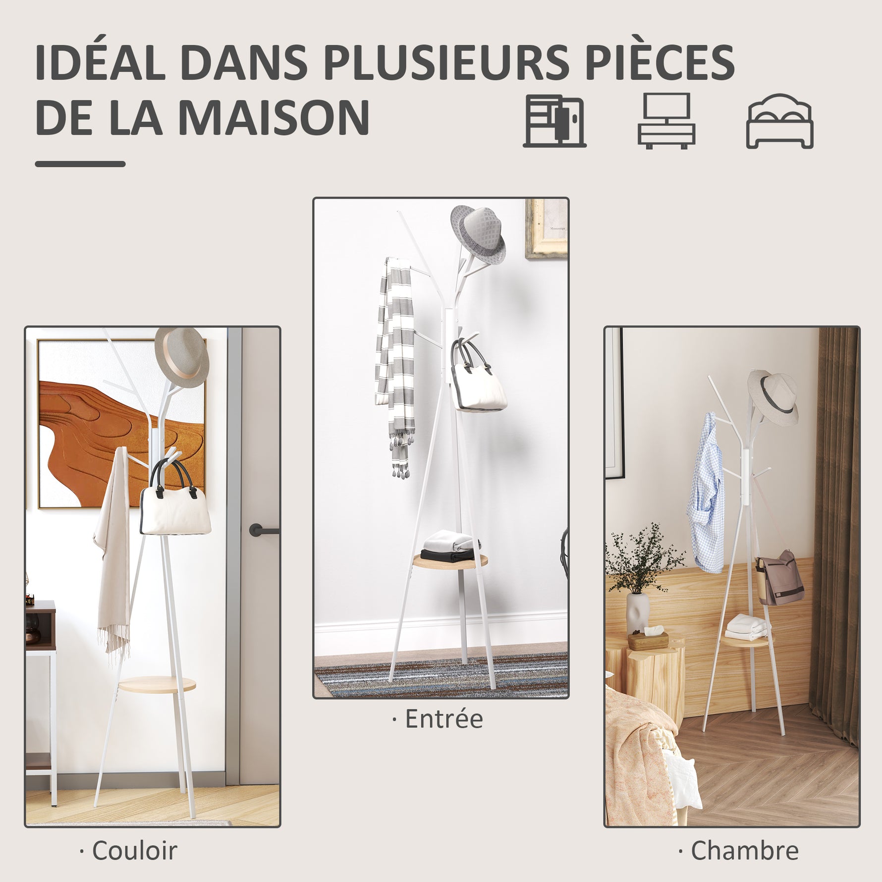 Porte-manteau trépied design contemporain branches étagère + 9 patères dim. 45L x 45l x 180H cm métal blanc
