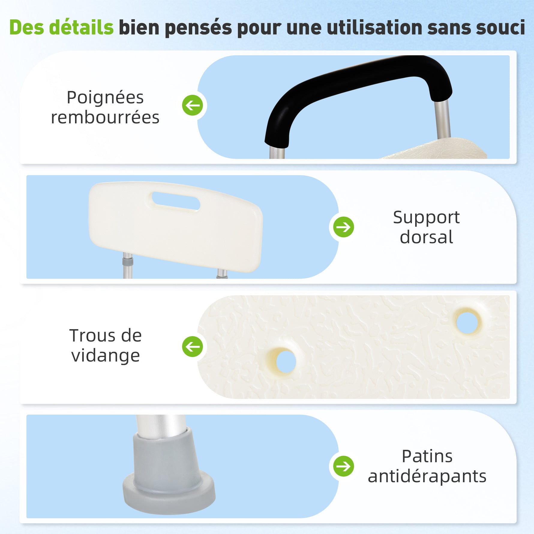 Chaise de Douche siège de Douche Ergonomique Hauteur réglable Pieds antidérapants Dossier accoudoirs Amovibles Charge Max. 136 Kg alu HDPE Blanc