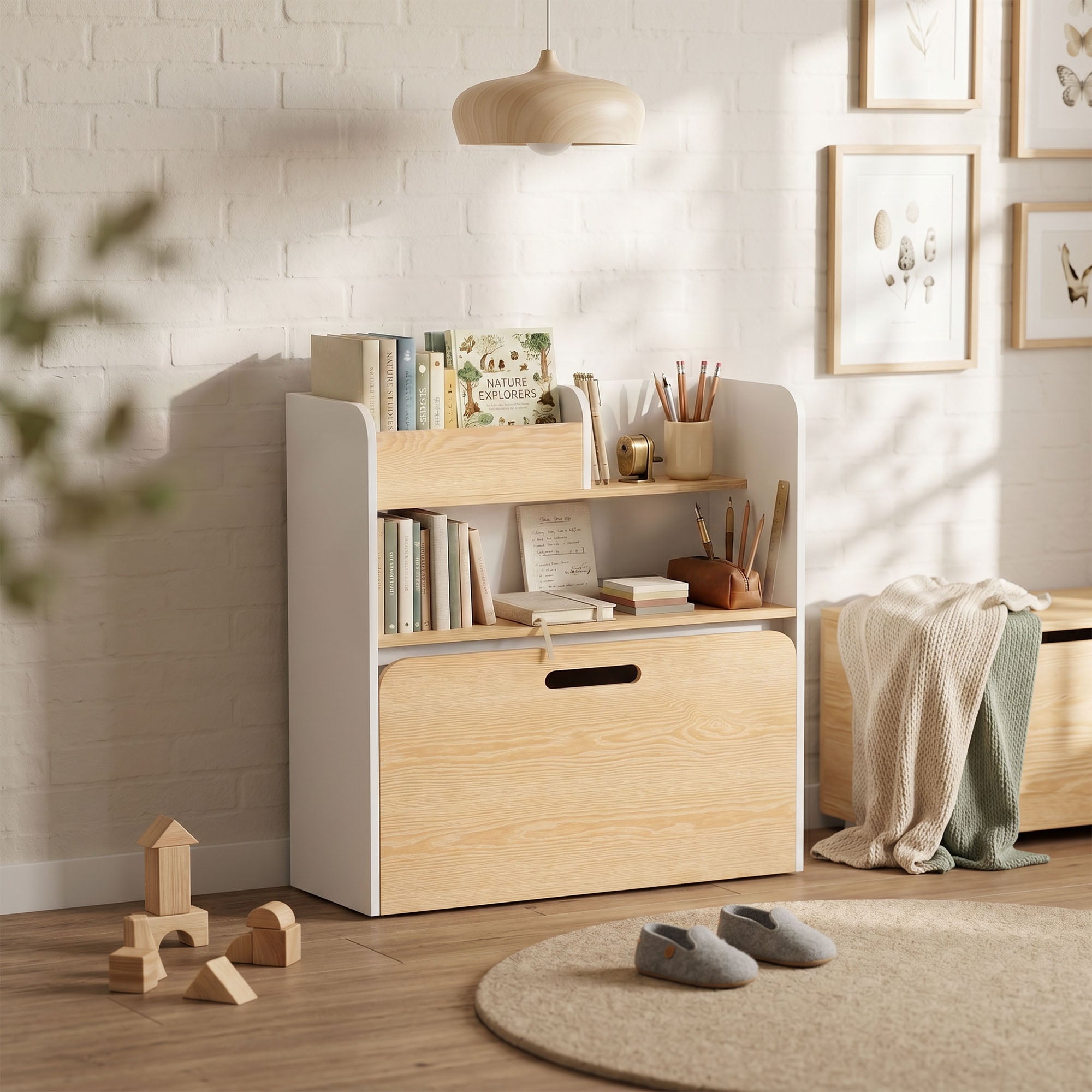 Bureau et Chaise pour Enfant 5 en 1 avec Bibliothèque et Banc Coffre à Roulettes, pour 3 à 8 Ans, Blanc