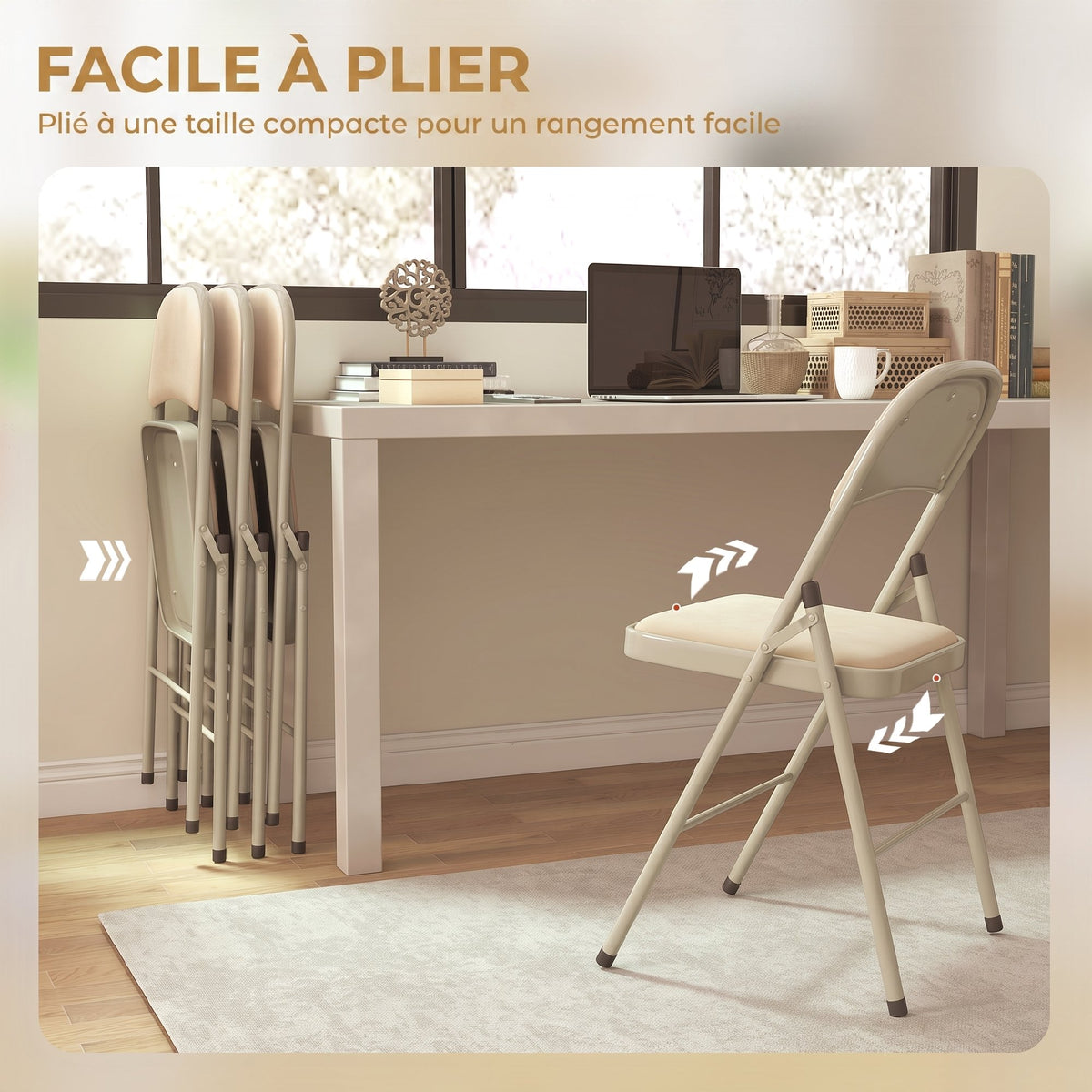 Lot de 4 chaises pliantes et portables intérieur avec assises et dossiers rembourrés en velours, cadre en acier, beige