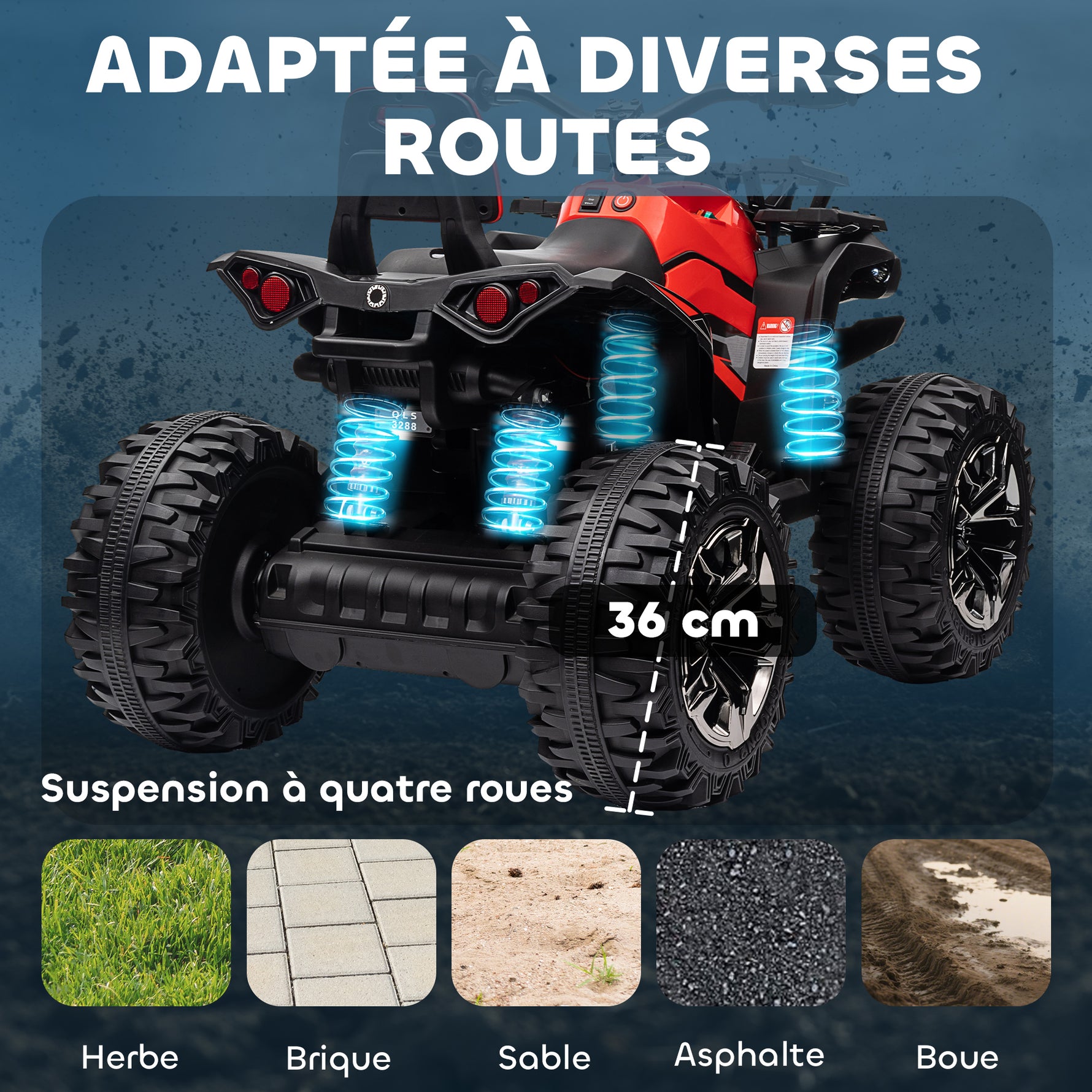 Quad Buggy électrique Enfant 12 V 8 Km/h Max. Voiture électrique Enfant avec Effets Lumineux sonores Selle avec Dossier Porte-Bagage Avant métal PP Rouge Noir
