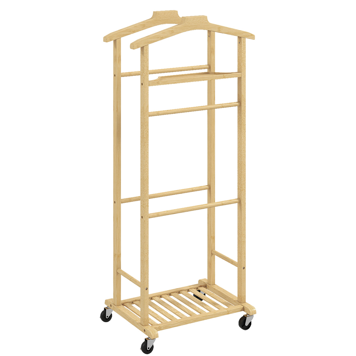 Portant à vêtements sur roulettes, porte-manteaux en bambou, double cintre intégré, 47 x 33,7 x 105,5 cm, bois naturel