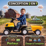 Trattore Elettrico per Bambini 6V con Rimorchio Rimovibile, Auto Elettrica per Bambini, Batteria al Litio, 1-3 anni, Giallo