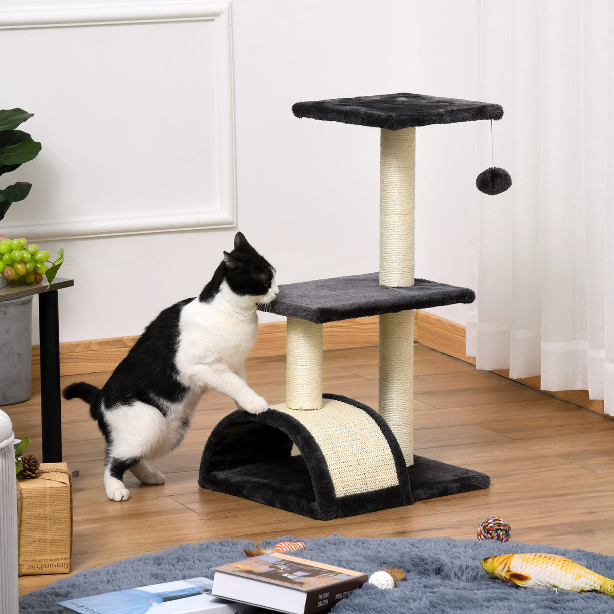 Krabpaal krabmeubel voor katten hoogte 72 cm met hangend speeltje donkergrijs