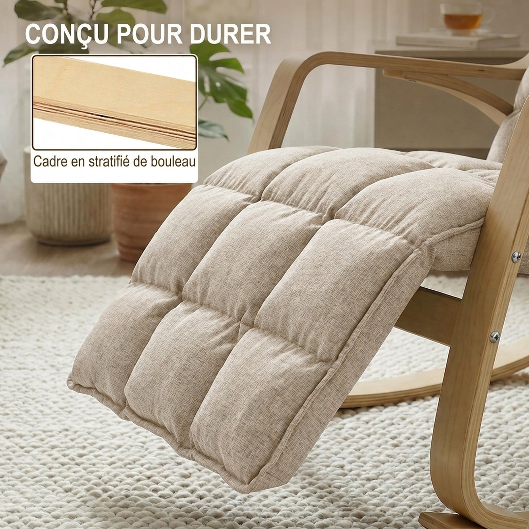 Rocking Chair with Adjustable Footrest, Armchair with Birch Wood Legs, 67x93x105cm, Light Brown