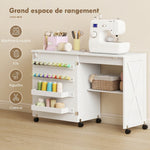 Table de Couture Pliante, Meuble Couture Roulant, Porte Magnétique de Grange, 2 Bacs, Étagère, 18 Chevilles, Blanc