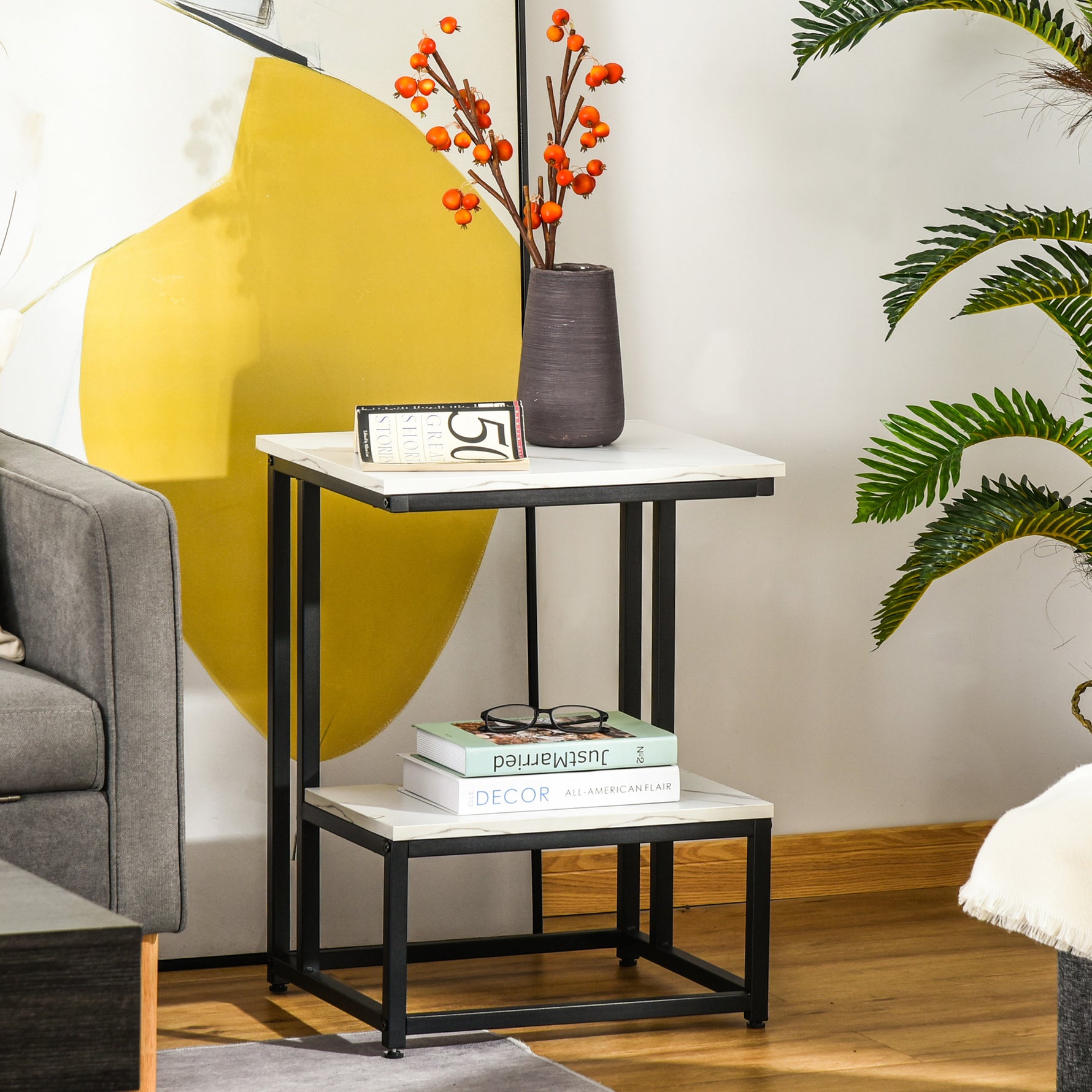 Table basse moderne salon table d'appoint chambre structure acier noir plateau étagère aspect marbre blanc