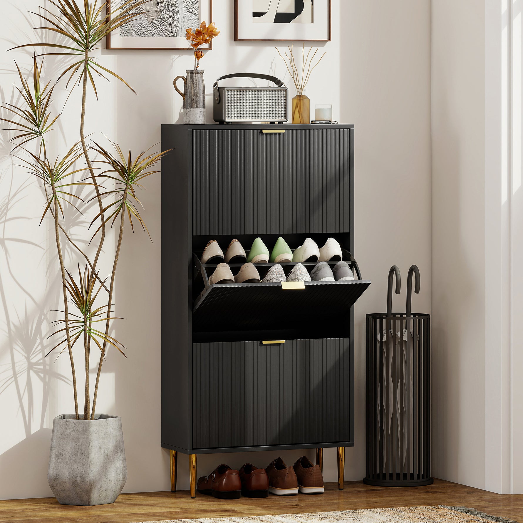 Meuble à chaussures 18 paires avec 3 tiroirs rabattables, portes cannelées et étagères réglables, 60x24x122,5cm, noir