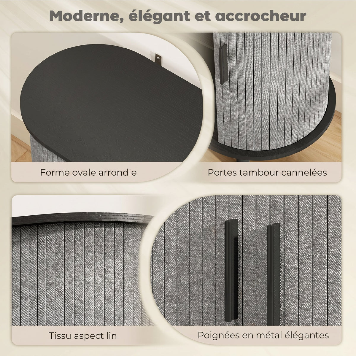 Dressoir voor de woonkamer, ovaal opbergmeubel met 2 schuifdeuren en 2 compartimenten, 80 x 40 x 78 cm, grijs