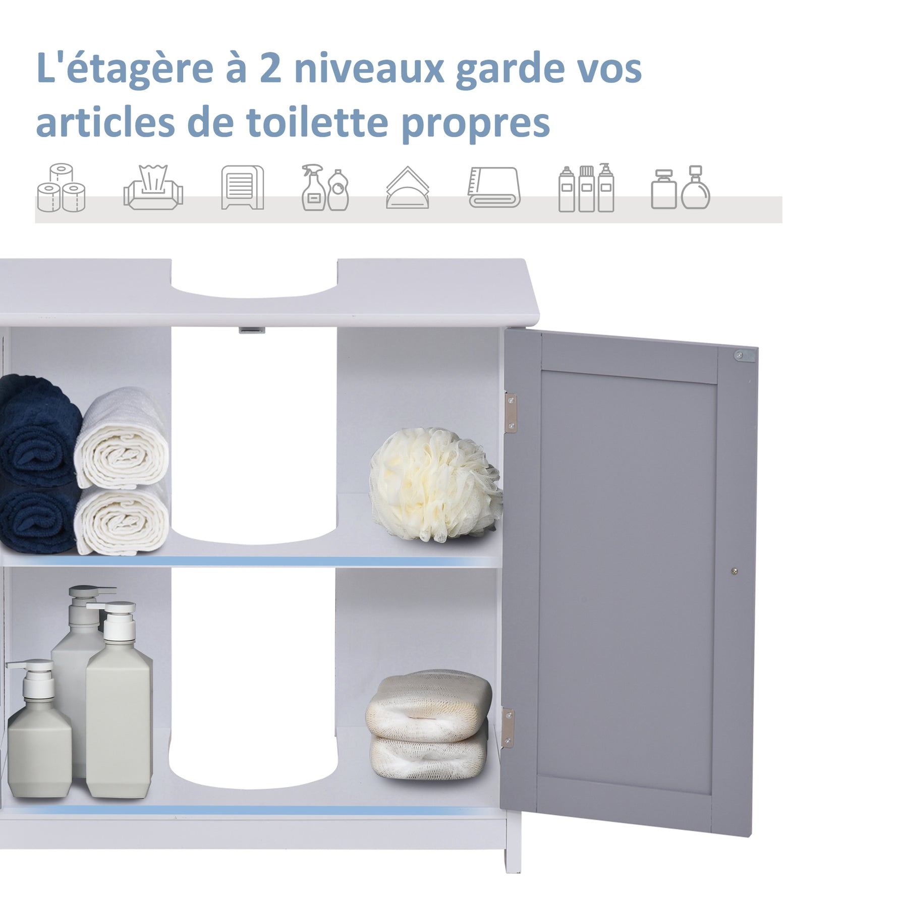 Meuble salle de bain sous lavabo - meuble sous-vasque - placard 2 portes avec étagère - dim. 60L x 30l x 60H cm - en bois gris blanc