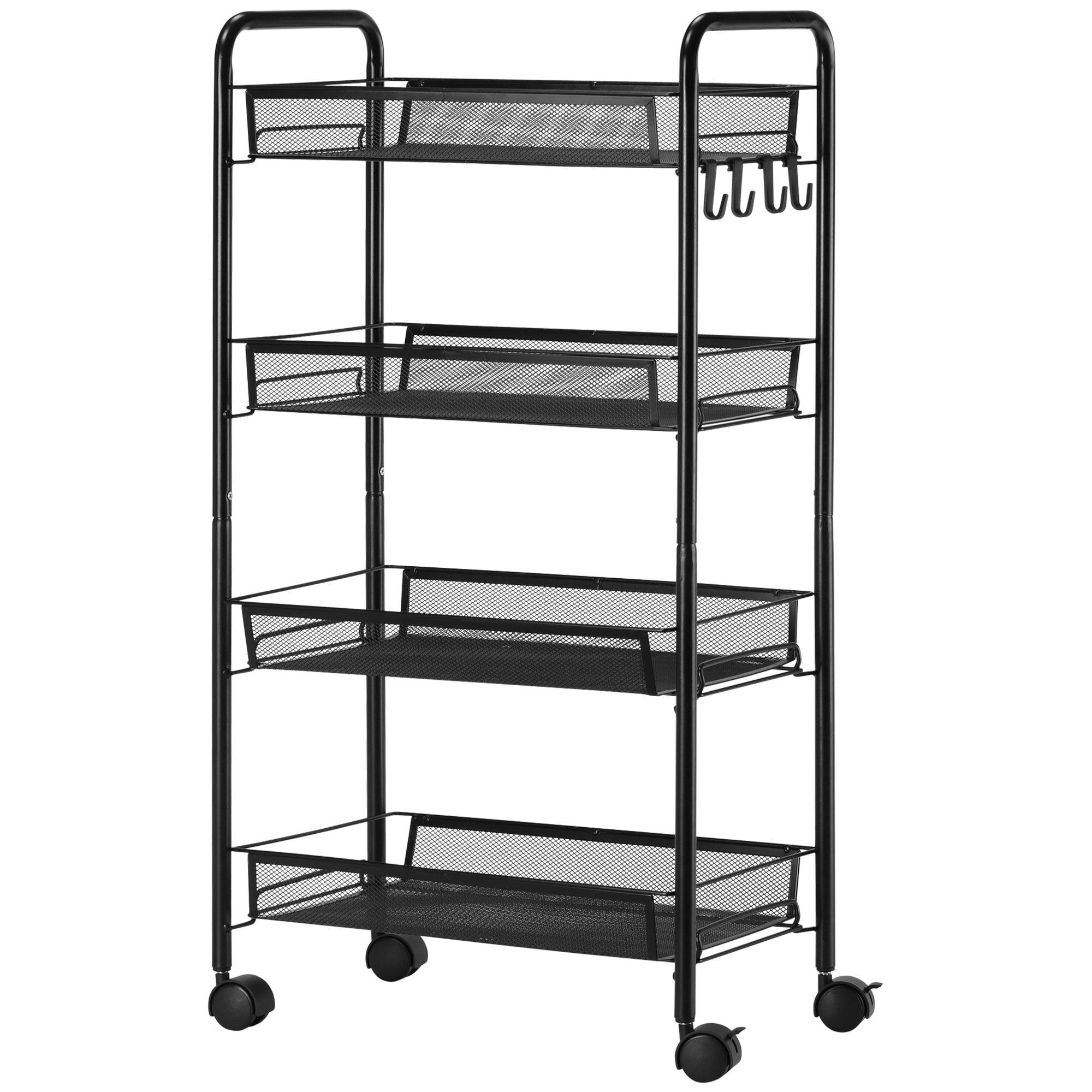 Opbergwagen met 4 niveaus, serveerwagen op wielen met verwijderbare manden en 4 haken, stalen frame, keukenwagen, badkamer, woonkamer, smalle ruimte, 45 x 26,5 x 84 cm, zwart