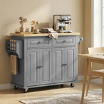 Isola Centrale da Cucina con Piano in Legno di Hevea, Carrello da Cucina su Ruote con 2 Cassetti, 111 x 44,5 x 82,5 cm, Grigio