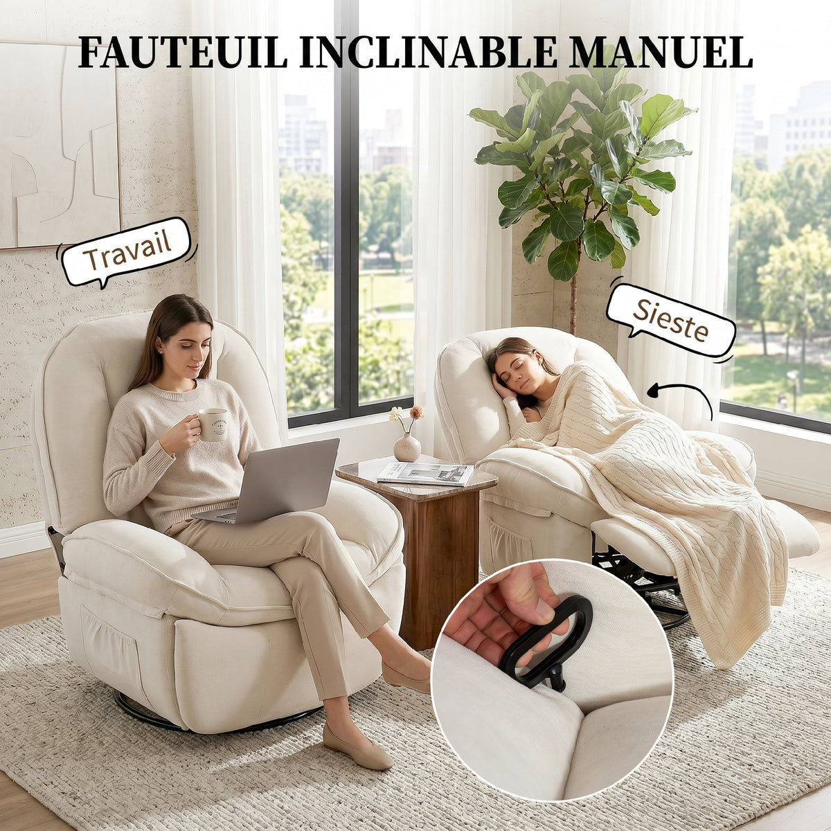Fauteuil inclinable en chenille, fauteuil de relaxation pivotant à 360°, assise large, poches latérales, crème