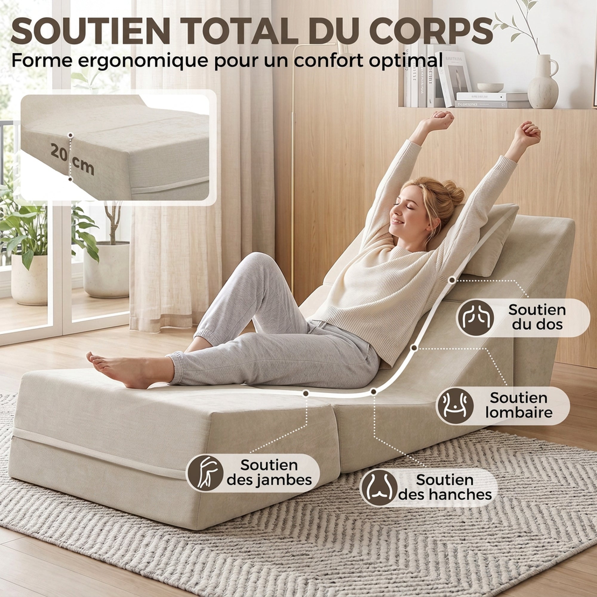 Divano letto pieghevole 3 in 1, poltrona letto singola trasformabile in ciniglia, con cuscino e schienale, compressa senza montaggio, beige