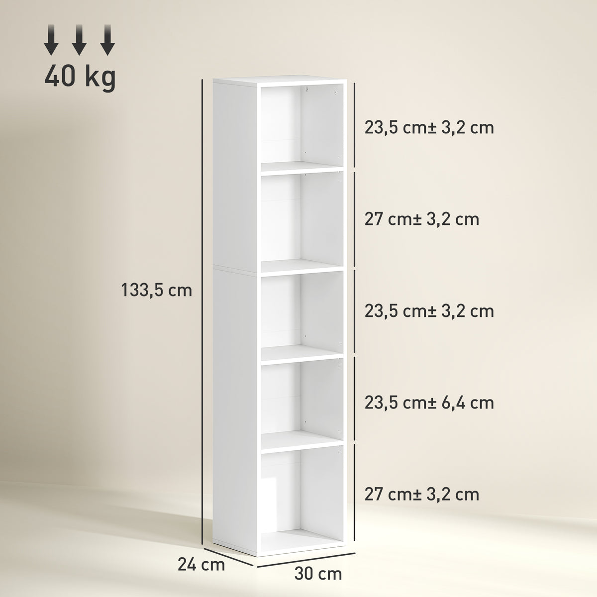 Bibliothèque étagère de rangement 5 niveaux avec étagères réglables pour salon, chambre, bureau, 30x24x133,5cm, blanc