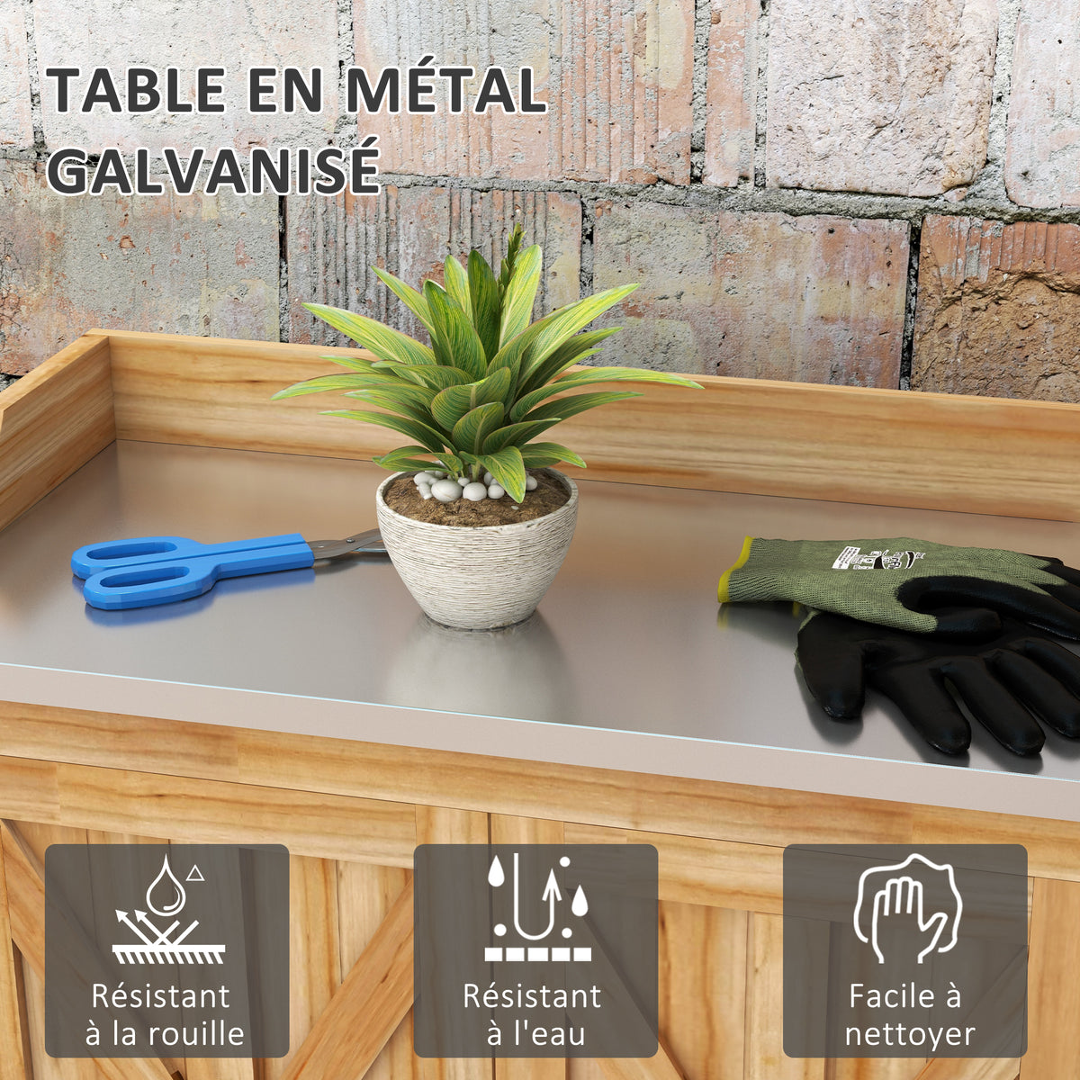 Table de rempotage armoire de rangement avec 2 étagères, plateau galvanisé patins antidérapants en bois sapin