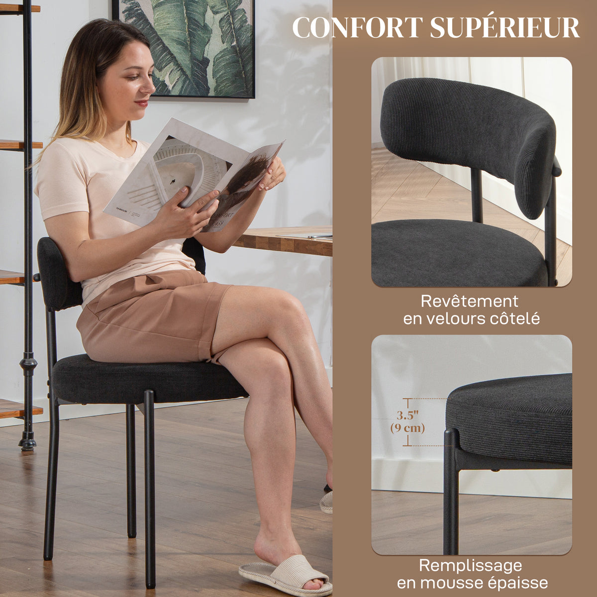 Lot de 4 chaises de salle à manger avec dossier en tissu pieds en acier 51 x 51 x 76 cm noir