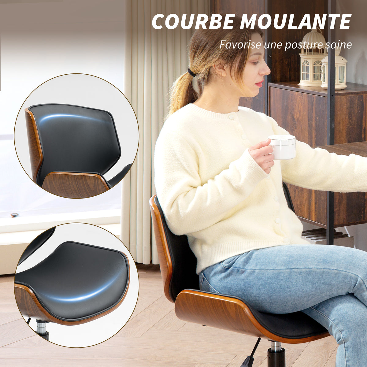 Chaise de bureau sans accoudoirs, fauteuil de bureau ergonomique, hauteur réglable et pivotant 360°, 52x54x84cm, noir