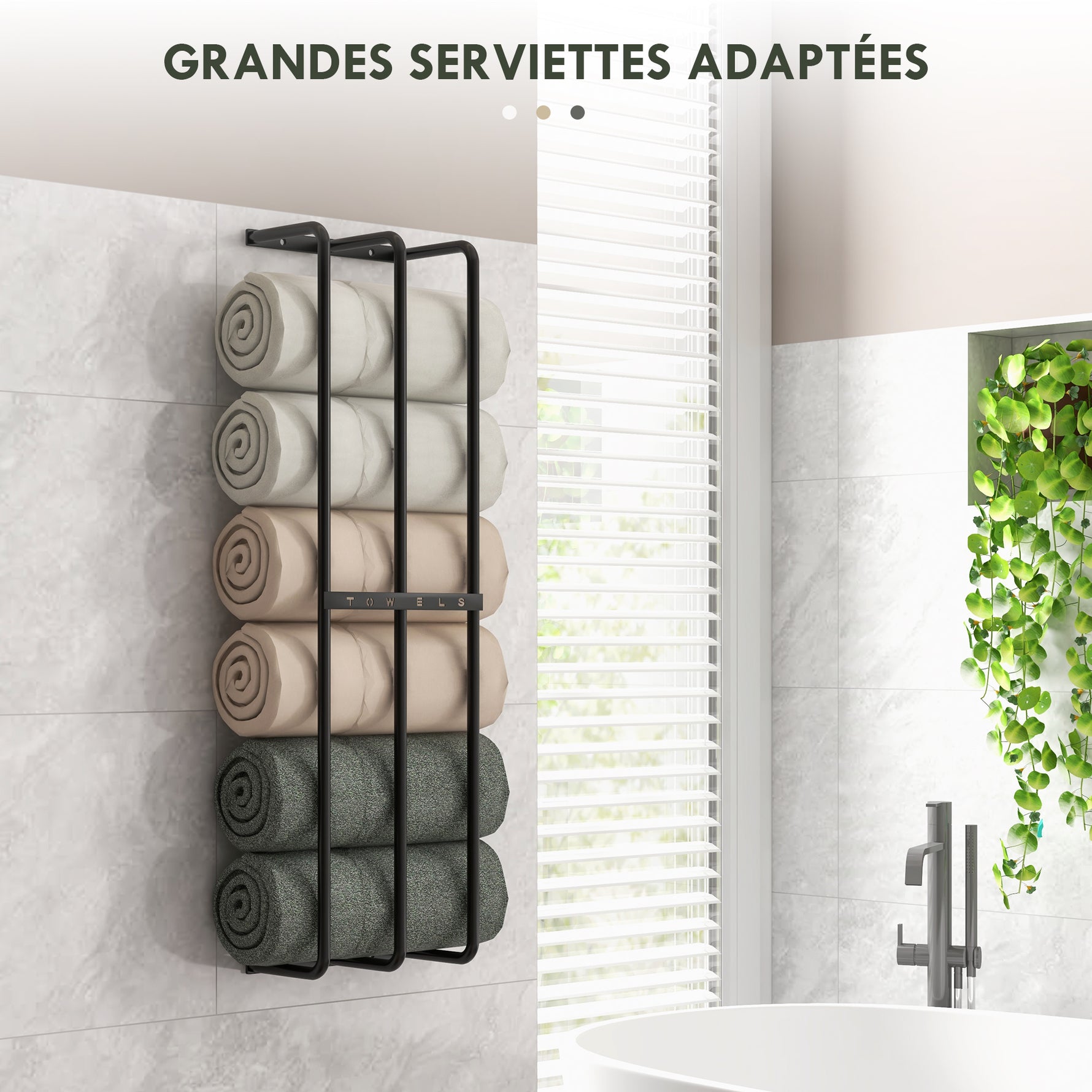 Porte serviettes mural 3 barres en métal noir - peut contenir jusqu'à 6 serviettes, dim. 21l x 12P x 74H cm