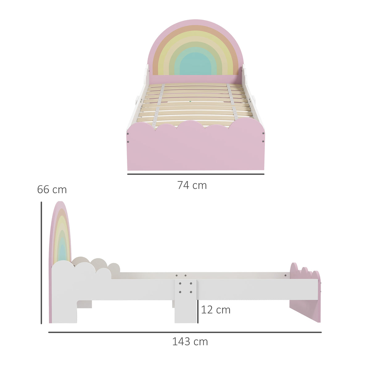 Kinderbett für Kinder von 3 bis 6 Jahren, 143 x 74 x 66 cm, Regenbogen-Design, inklusive Lattenrost, modernes Kinderzimmer, Rosa