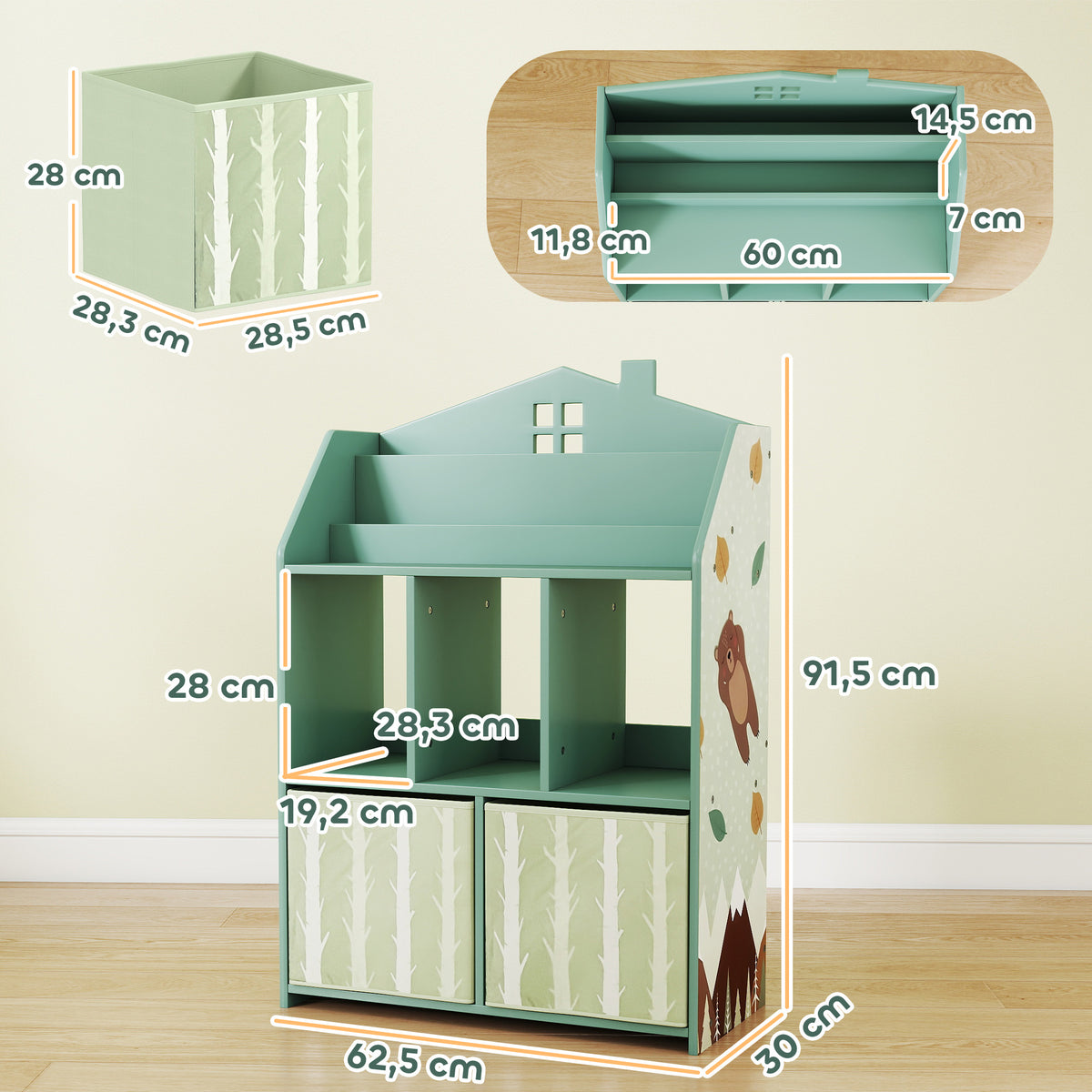 Meuble rangement enfant, bibliothèque enfants avec étagères ouvertes et 2 tiroirs en tissu, MDF, vert