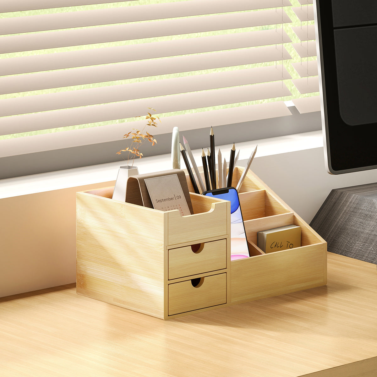 Boite de Rangement de Bureau - Organiseur de Bureau - 7 Compartiments, 2 tiroirs - Bambou Verni, Bambou